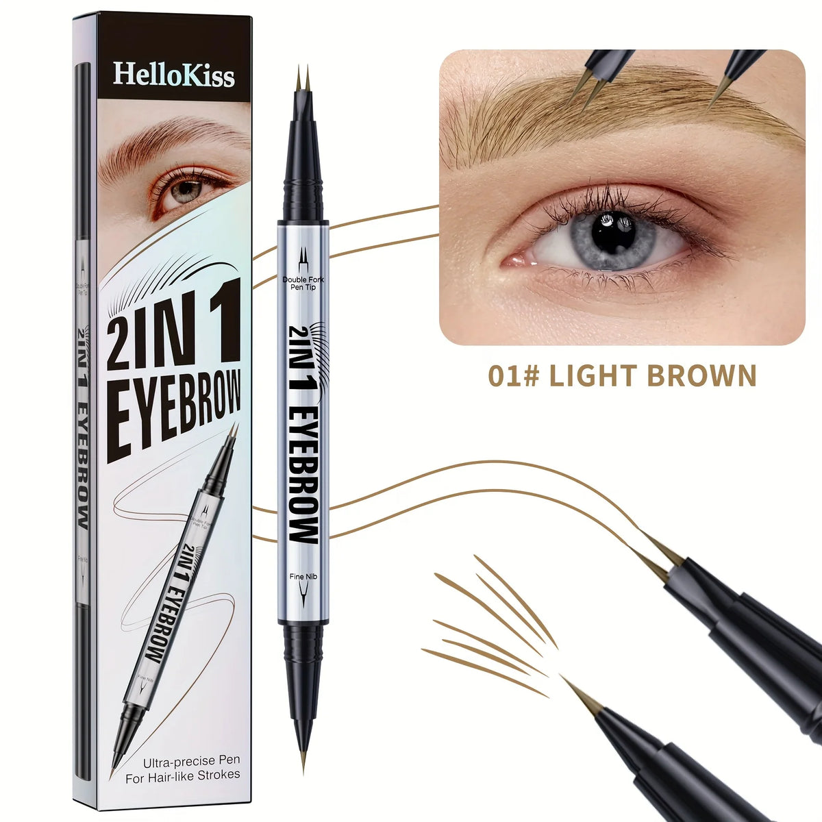 Luxury 2-in-1 Brow Pen with Micro Fork Tip & Precision Brush Waterproof Eyebrow Pencil for Natural Hair Strokes