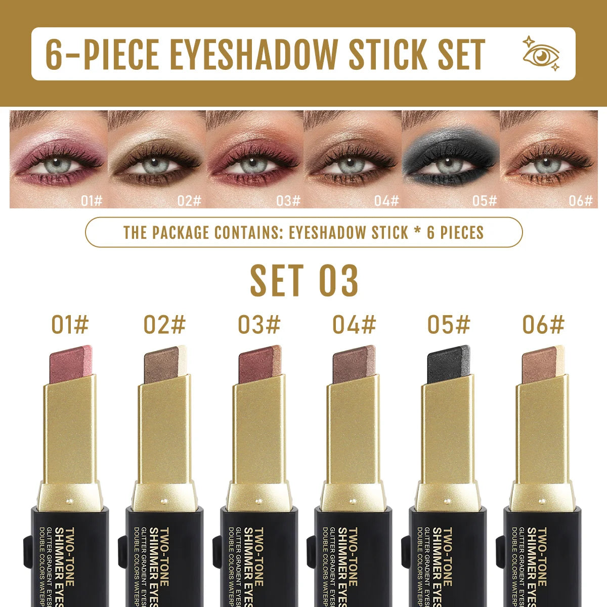6PCS/Set Two-color Push-pull Eye Shadow Stick, Eye Highlight, Lazy Eye Shadow, Two-color Stacking, Waterproof and Sweat-proof, Eye Cosmetics