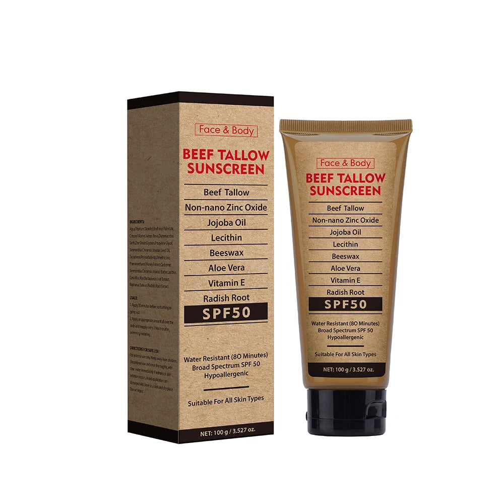 100g Organic Grass-Fed Beef Tallow Sunscreen SPF50 Long-lasting Sun Protection Face & Body Sunscreen Waterproof and Sweat-proof