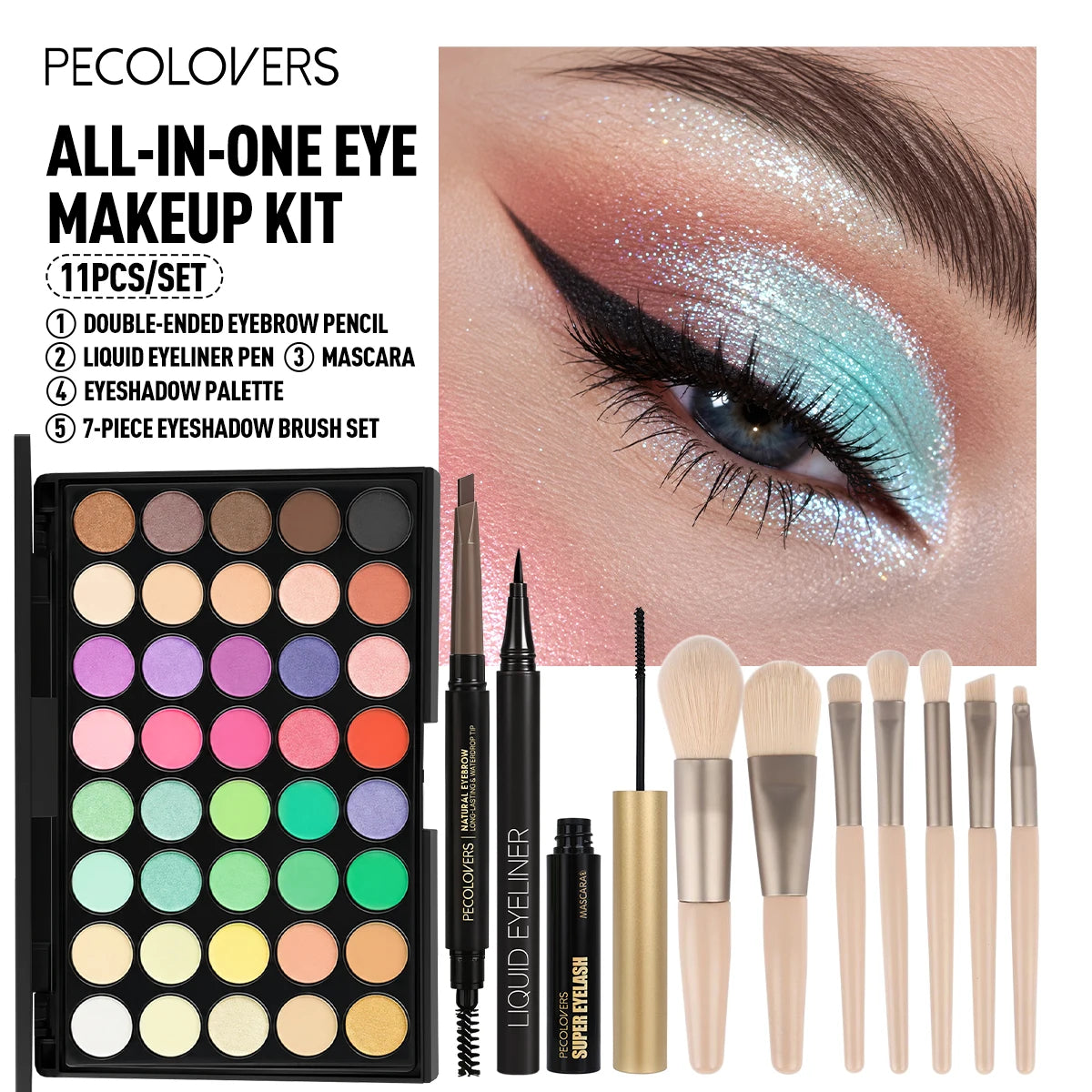 11PCS All-in-One Eye & Brow Makeup Set, 40 Shades Vibrant Color Eyeshadow Palette, Natural 3D Eyebrow Pencil, Quick-Dry Liquid Eyeliner, Volumizing Curling Mascara with Makeup Brushes, Waterproof Sweat-proof, Blendable Matte