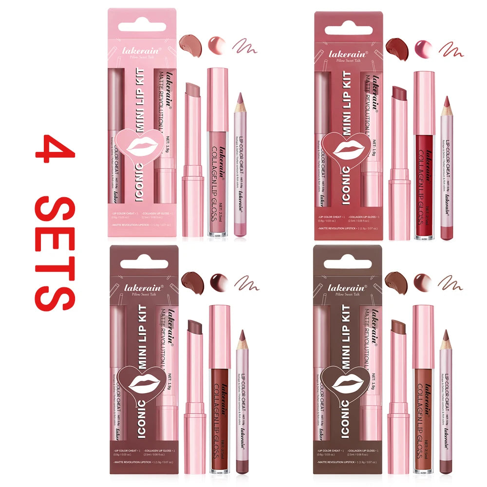 3pcs Lip Makeup Set Lip Liner Lip Gloss Lipstick Mirror Effect Beep Lips High Color Long-lasting Hydrates Travel Mini Set