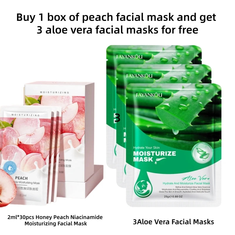 2Mlx30Pcs Peach Niacinamide Skin Rejuvenation Mask, Deeply Hydrates and Nourishes the Skin, Paired with Aloe Vera Mask, Repairs the Face, Leaving Skin Delicate and Smooth