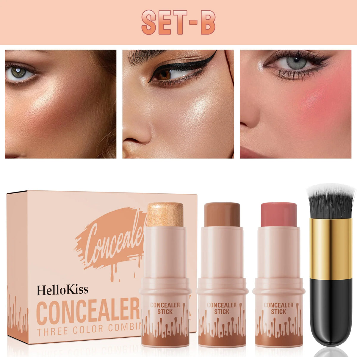 Contour Sticks, Highlighter Stick, Blush Stick, 3-Piece Cream Contour Set Including Contour Brush, Creates Facial Contours