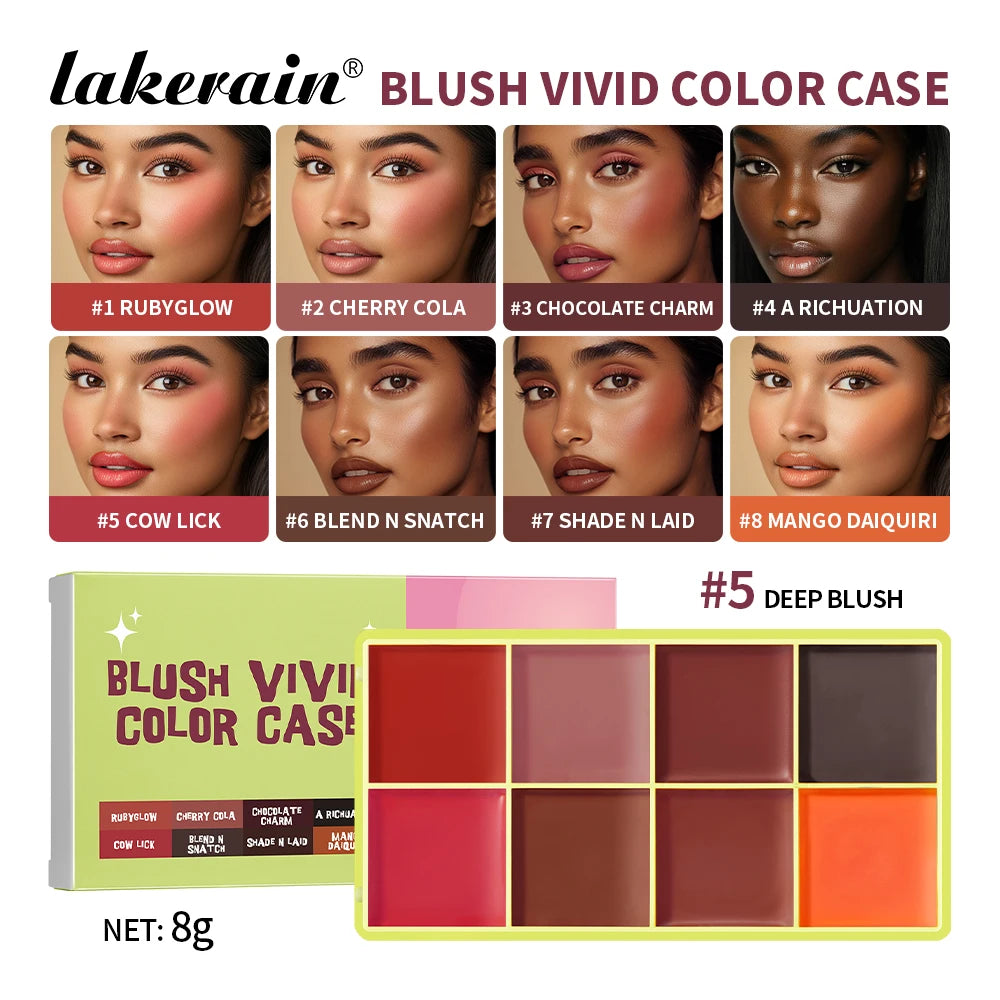 Lakerain 8-Color Blusher Cream Plate Waterproof Long Lasting Concealer Natural Color Highlighter Palette Face Blush Cosmetics